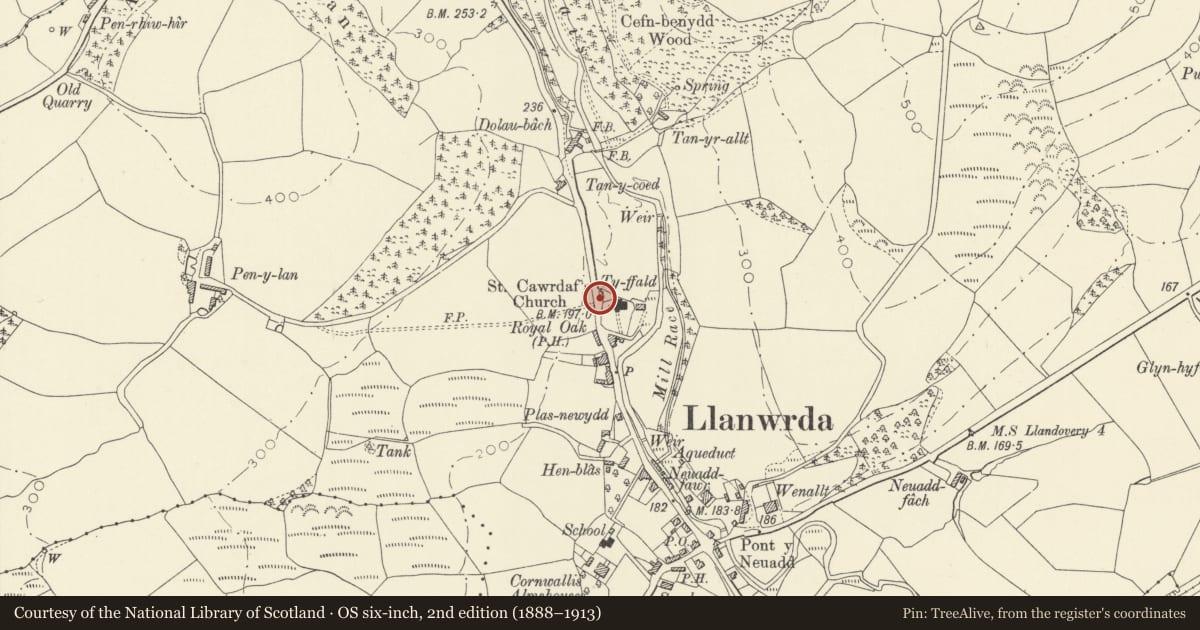 Ordnance Survey six-inch map, 2nd edition (1888–1913) covering the location of Pound by churchyard of Church of St Cwrdaf, Llanwrda, Carmarthenshire, with a pin at the register's coordinates