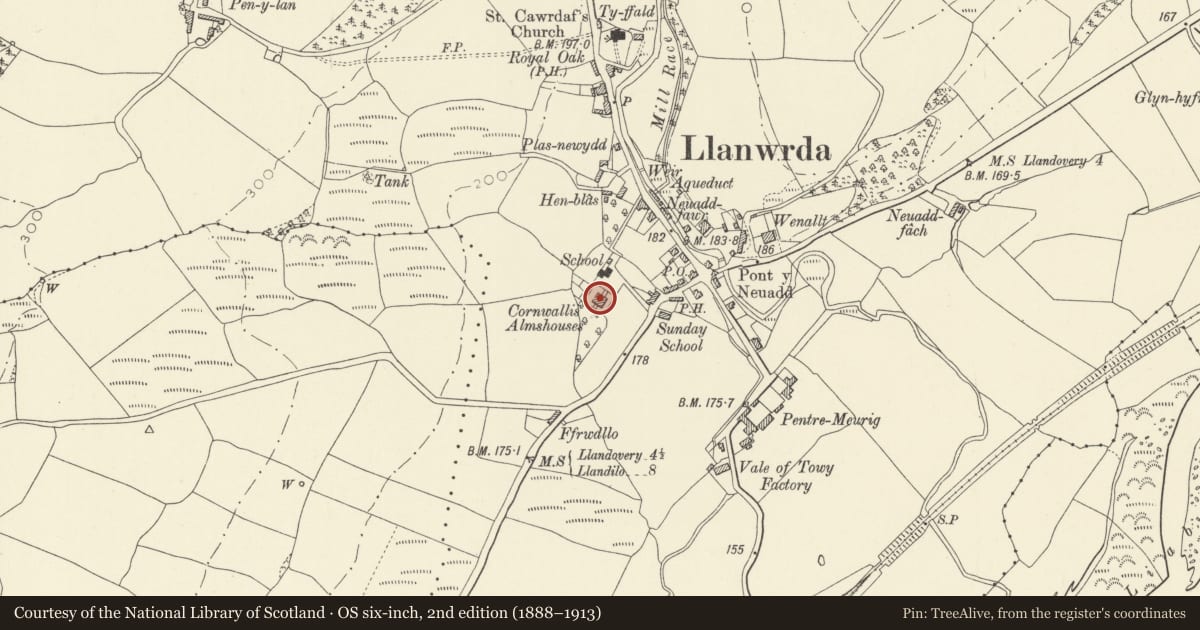 Ordnance Survey six-inch map, 2nd edition (1888–1913) covering the location of Cornwallis Flats, Llanwrda, Carmarthenshire, with a pin at the register's coordinates