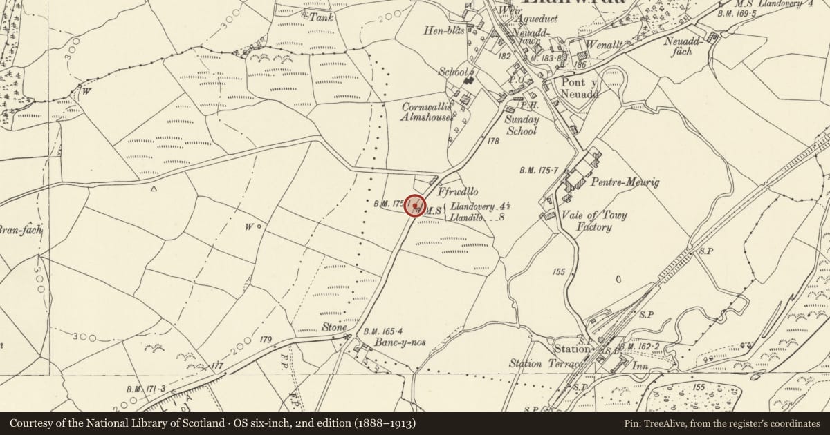 Ordnance Survey six-inch map, 2nd edition (1888–1913) covering the location of Milestone by The Vicarage, Llanwrda, Carmarthenshire, with a pin at the register's coordinates