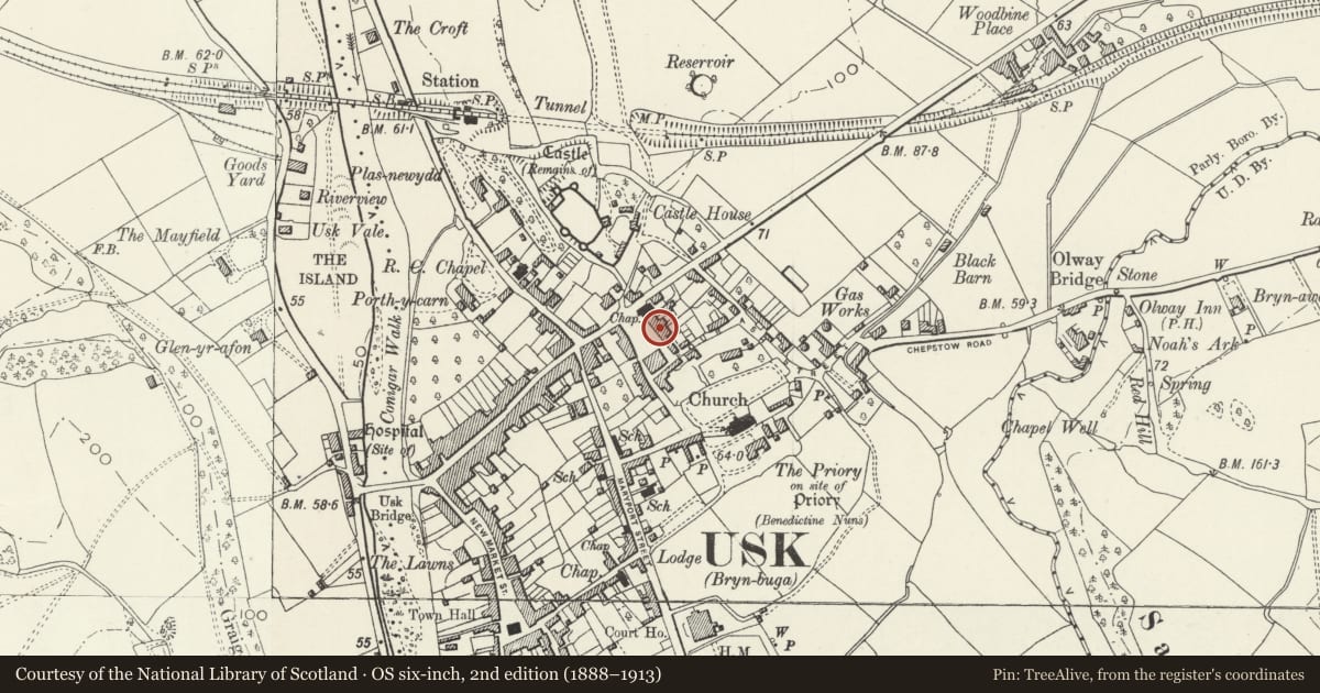 Ordnance Survey six-inch map, 2nd edition (1888–1913) covering the location of The Castle Inn, Usk, Monmouthshire, with a pin at the register's coordinates