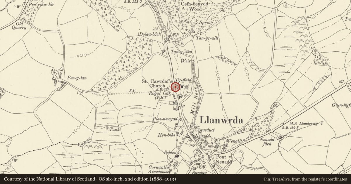 Ordnance Survey six-inch map, 2nd edition (1888–1913) covering the location of Lychgate to Church of St Cwrdaf, Llanwrda, Carmarthenshire, with a pin at the register's coordinates
