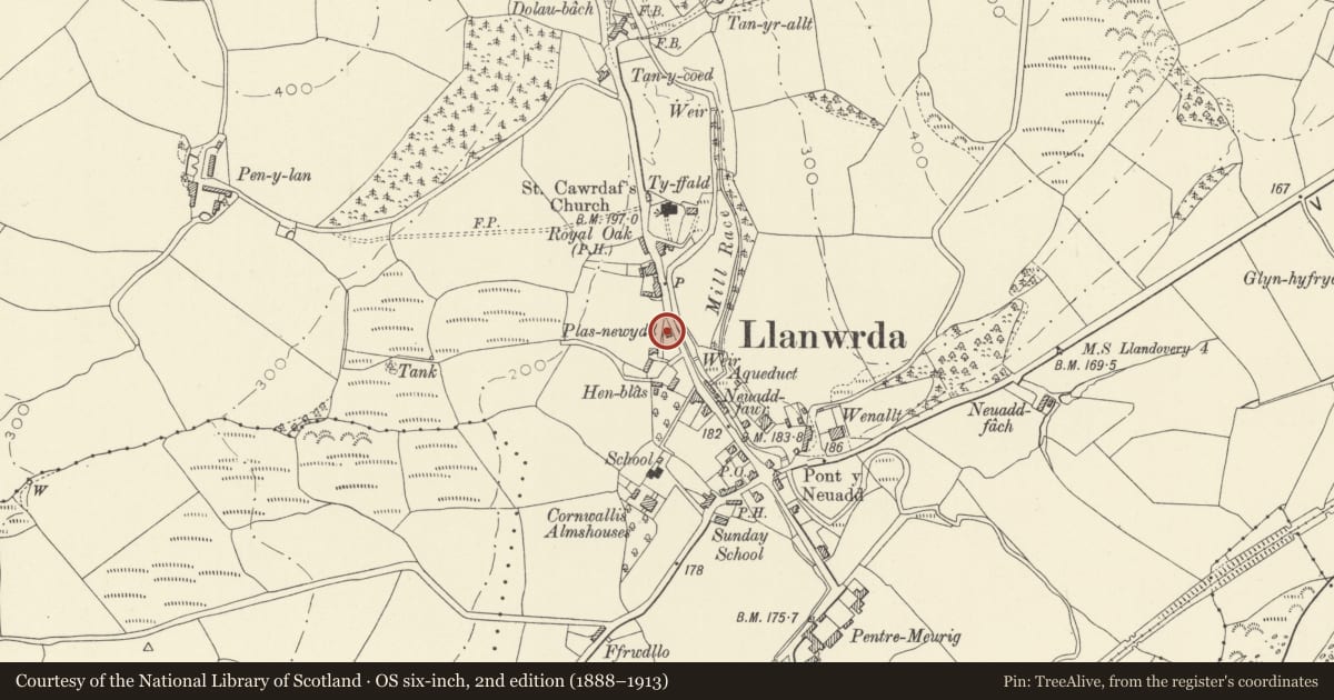 Ordnance Survey six-inch map, 2nd edition (1888–1913) covering the location of Plas Newydd including front railings and gate, Llanwrda, Carmarthenshire, with a pin at the register's coordinates