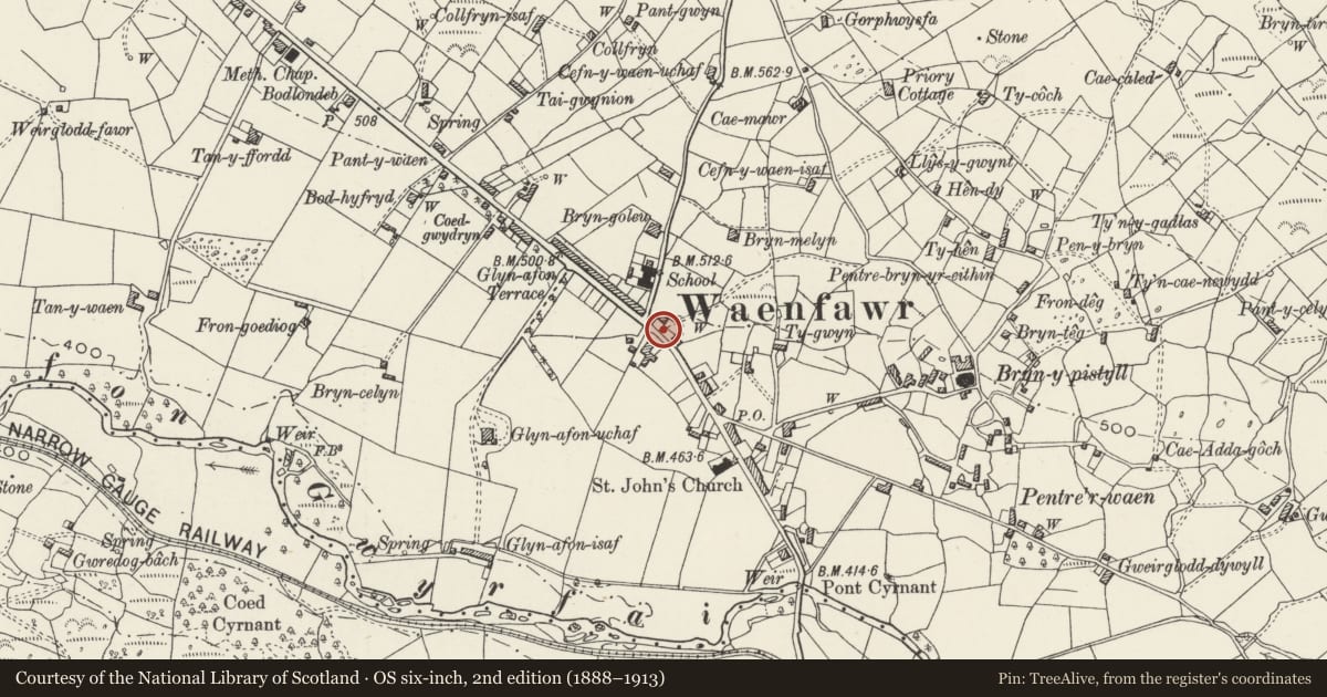 Ordnance Survey six-inch map, 2nd edition (1888–1913) covering the location of War Memorial, Waunfawr, Gwynedd, with a pin at the register's coordinates