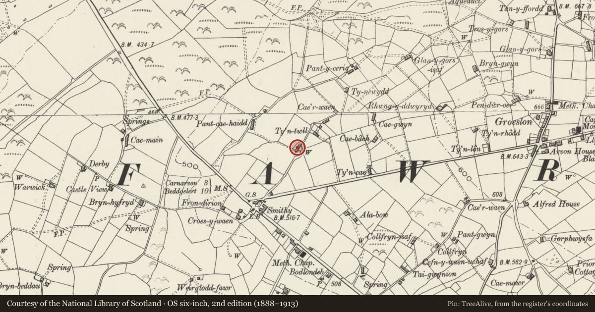 Ordnance Survey six-inch map, 2nd edition (1888–1913) covering the location of Ty'n Twll, Waunfawr, Gwynedd, with a pin at the register's coordinates