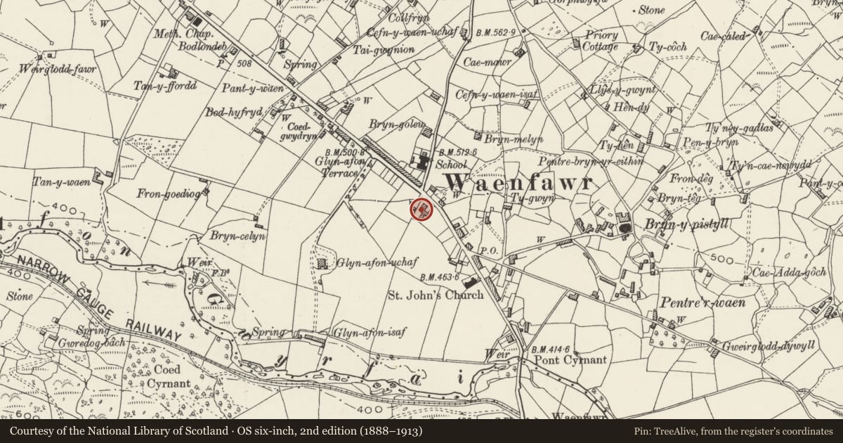 Ordnance Survey six-inch map, 2nd edition (1888–1913) covering the location of Cae Glas, Waunfawr, Gwynedd, with a pin at the register's coordinates