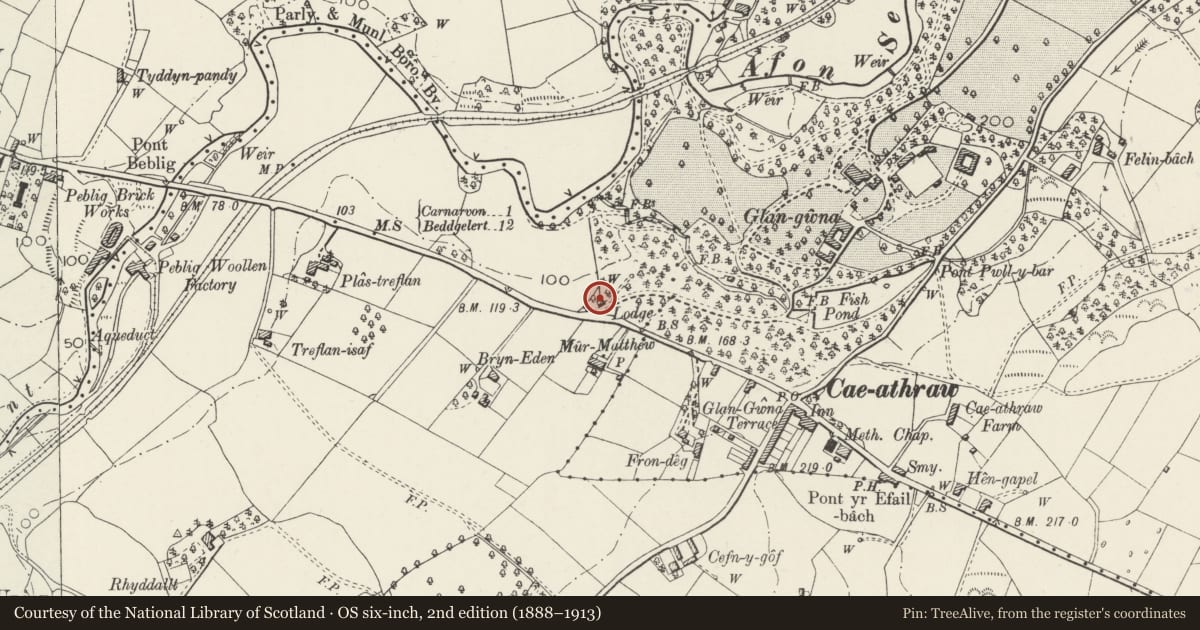 Ordnance Survey six-inch map, 2nd edition (1888–1913) covering the location of Grand Lodge to Glan Gwna Hall, Waunfawr, Gwynedd, with a pin at the register's coordinates