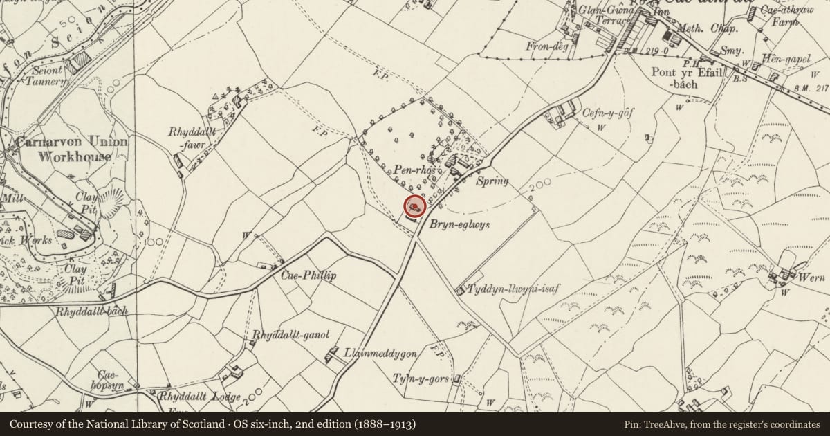 Ordnance Survey six-inch map, 2nd edition (1888–1913) covering the location of Bryn Eglwys, Waunfawr, Gwynedd, with a pin at the register's coordinates