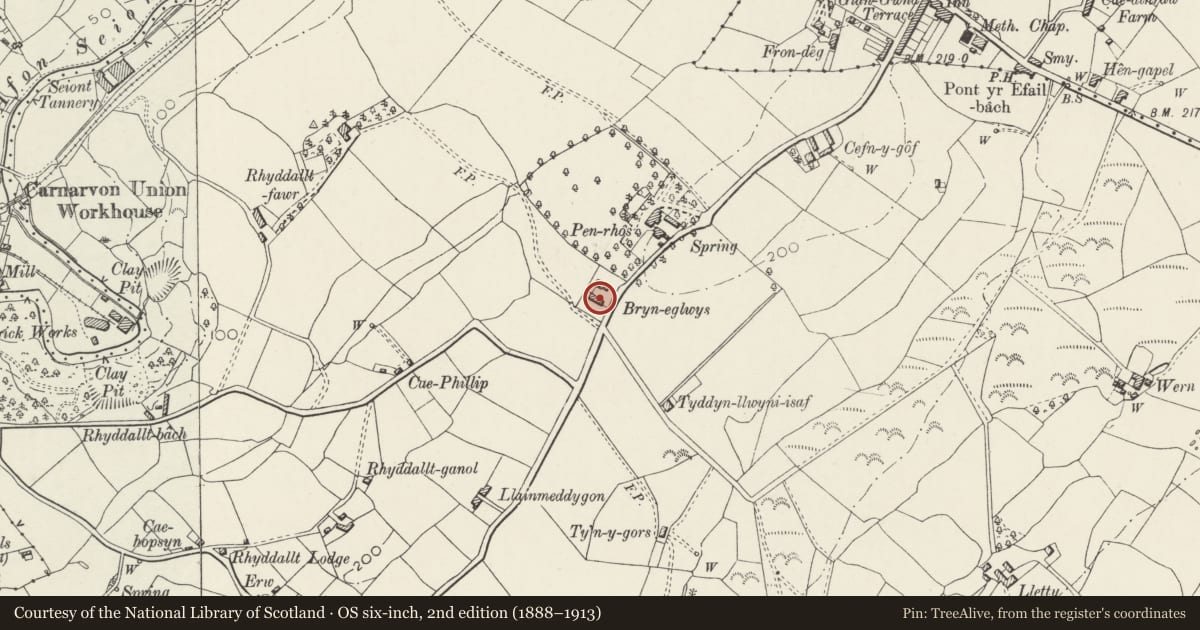 Ordnance Survey six-inch map, 2nd edition (1888–1913) covering the location of Stables/Coach House at Bryn Eglwys, Waunfawr, Gwynedd, with a pin at the register's coordinates