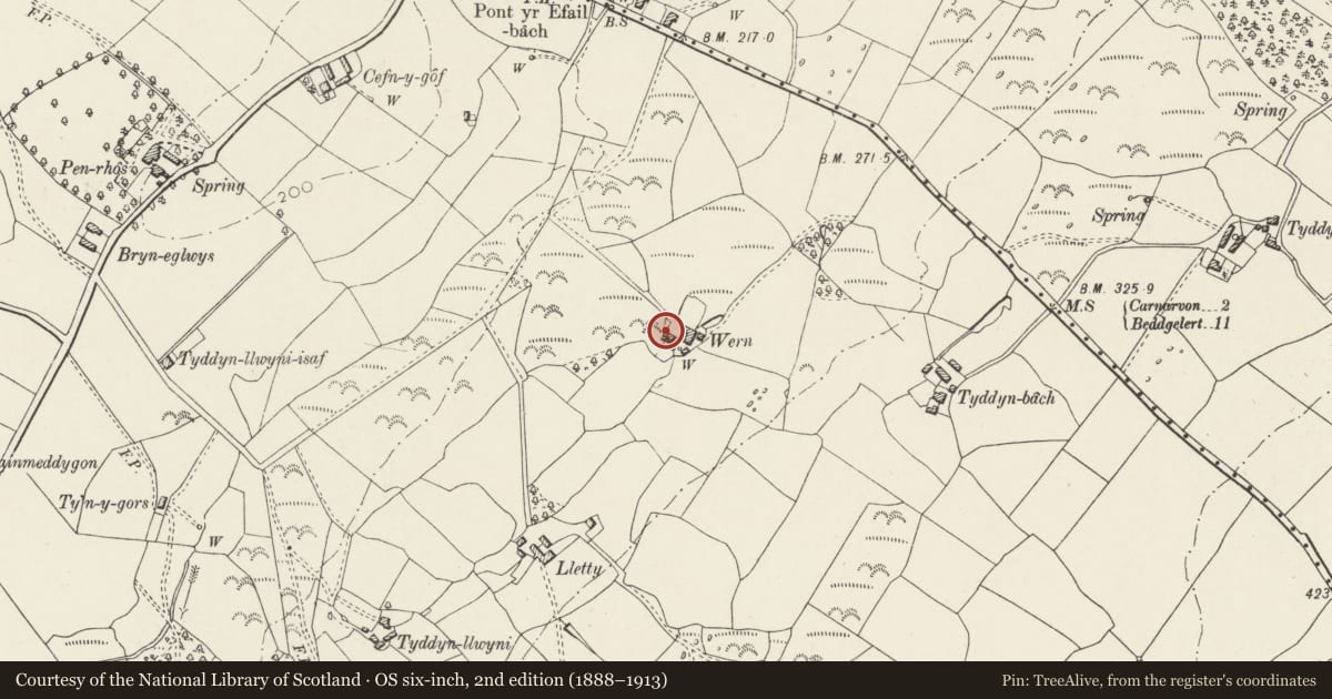Ordnance Survey six-inch map, 2nd edition (1888–1913) covering the location of Stables at Wern, Waunfawr, Gwynedd, with a pin at the register's coordinates