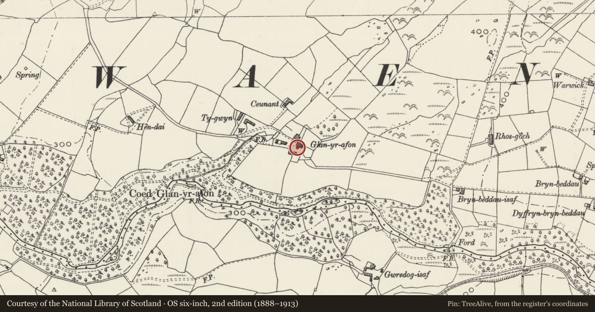 Ordnance Survey six-inch map, 2nd edition (1888–1913) covering the location of Stables/Bothy at Plas Glan-yr-Afon, Waunfawr, Gwynedd, with a pin at the register's coordinates