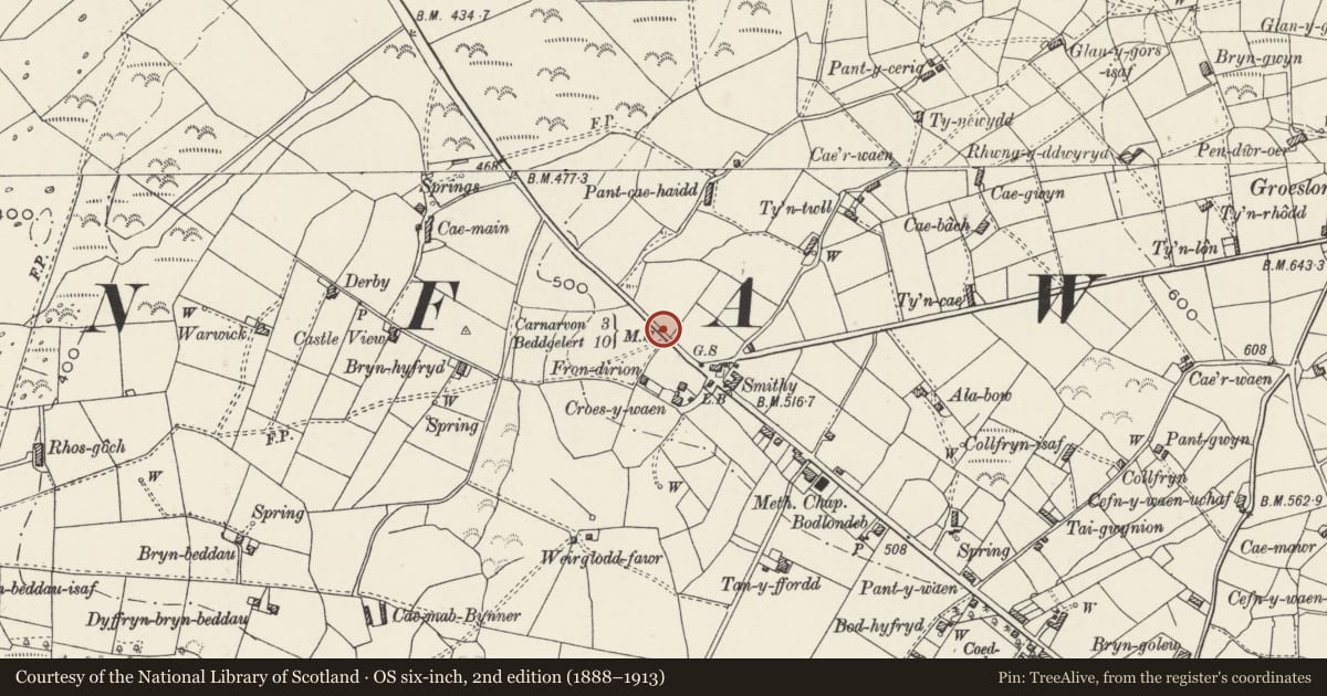 Ordnance Survey six-inch map, 2nd edition (1888–1913) covering the location of Milestone, Waunfawr, Gwynedd, with a pin at the register's coordinates