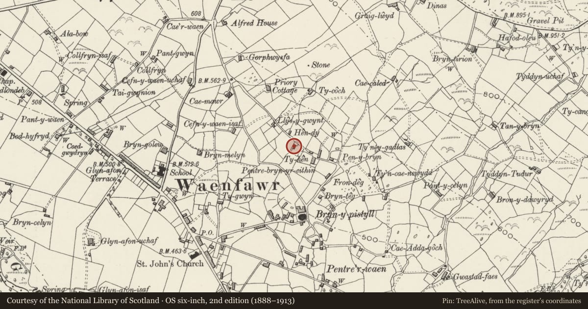 Ordnance Survey six-inch map, 2nd edition (1888–1913) covering the location of Llys Awel, Waunfawr, Gwynedd, with a pin at the register's coordinates
