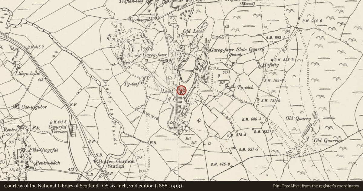 Ordnance Survey six-inch map, 2nd edition (1888–1913) covering the location of Engine house, Waunfawr, Gwynedd, with a pin at the register's coordinates