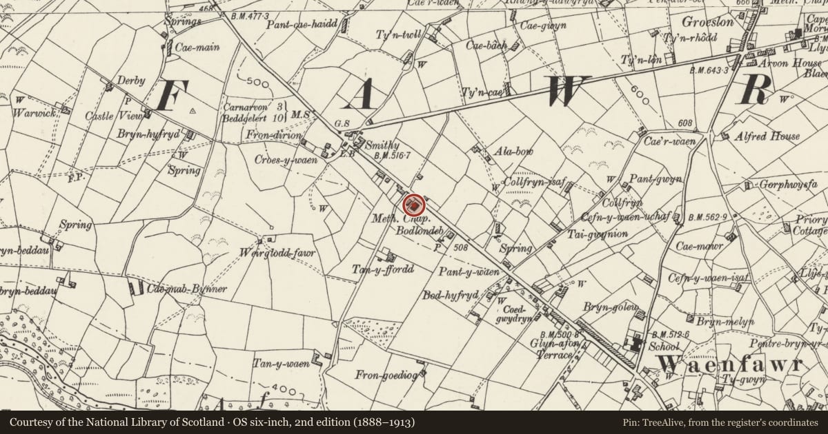Ordnance Survey six-inch map, 2nd edition (1888–1913) covering the location of Capel Croesywaun, Waunfawr, Gwynedd, with a pin at the register's coordinates