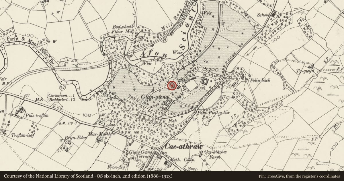 Ordnance Survey six-inch map, 2nd edition (1888–1913) covering the location of Glan Gwna Hall, Waunfawr, Gwynedd, with a pin at the register's coordinates