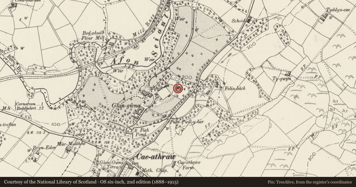 Ordnance Survey six-inch map, 2nd edition (1888–1913) covering the location of Stable Block at Glan Gwna Hall, Waunfawr, Gwynedd, with a pin at the register's coordinates