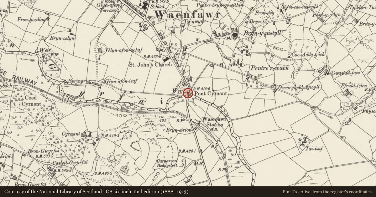 Ordnance Survey six-inch map, 2nd edition (1888–1913) covering the location of Pont Cyrnant (partly in Betws Garmon community), Waunfawr, Gwynedd, with a pin at the register's coordinates