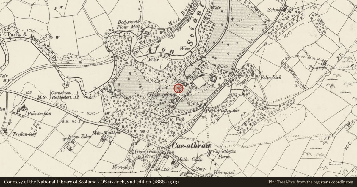 Ordnance Survey six-inch map, 2nd edition (1888–1913) covering the location of Courtyard outbuildings and retaining walls to adjacent formal garden area at Glan Gwna Hall, Waunfawr, Gwynedd, with a pin at the register's coordinates