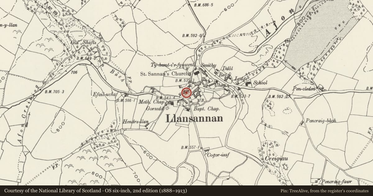 Ordnance Survey six-inch map, 2nd edition (1888–1913) covering the location of War Memorial, Llansannan, Conwy, with a pin at the register's coordinates