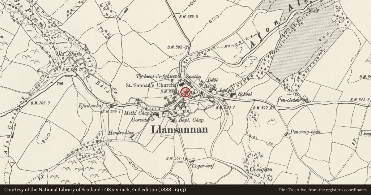 Ordnance Survey six-inch map, 2nd edition (1888–1913) covering the location of Lychgate at the Church of St Sannan, Llansannan, Conwy, with a pin at the register's coordinates