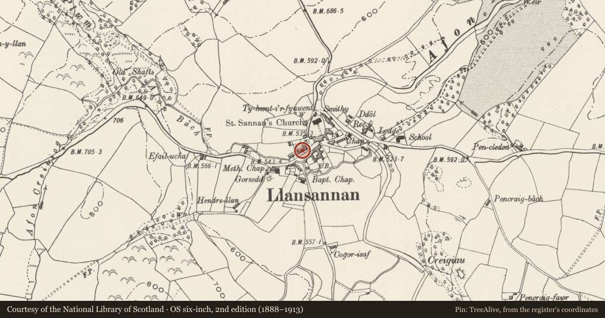 Ordnance Survey six-inch map, 2nd edition (1888–1913) covering the location of Exchange, Llansannan, Conwy, with a pin at the register's coordinates