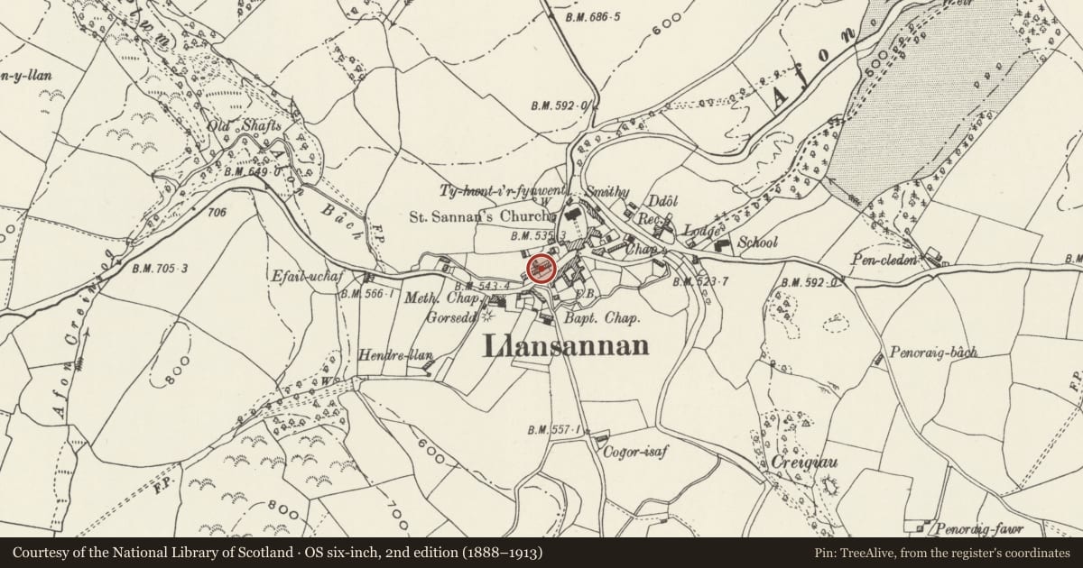 Ordnance Survey six-inch map, 2nd edition (1888–1913) covering the location of Surgery, Llansannan, Conwy, with a pin at the register's coordinates