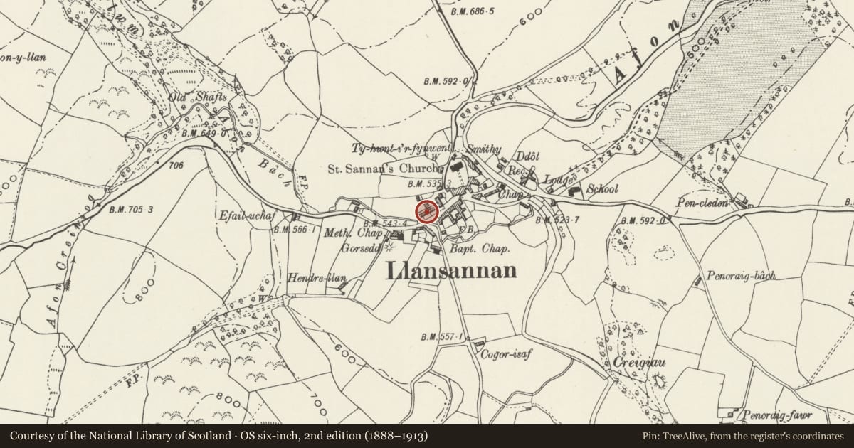 Ordnance Survey six-inch map, 2nd edition (1888–1913) covering the location of Gorphwysfa, Llansannan, Conwy, with a pin at the register's coordinates