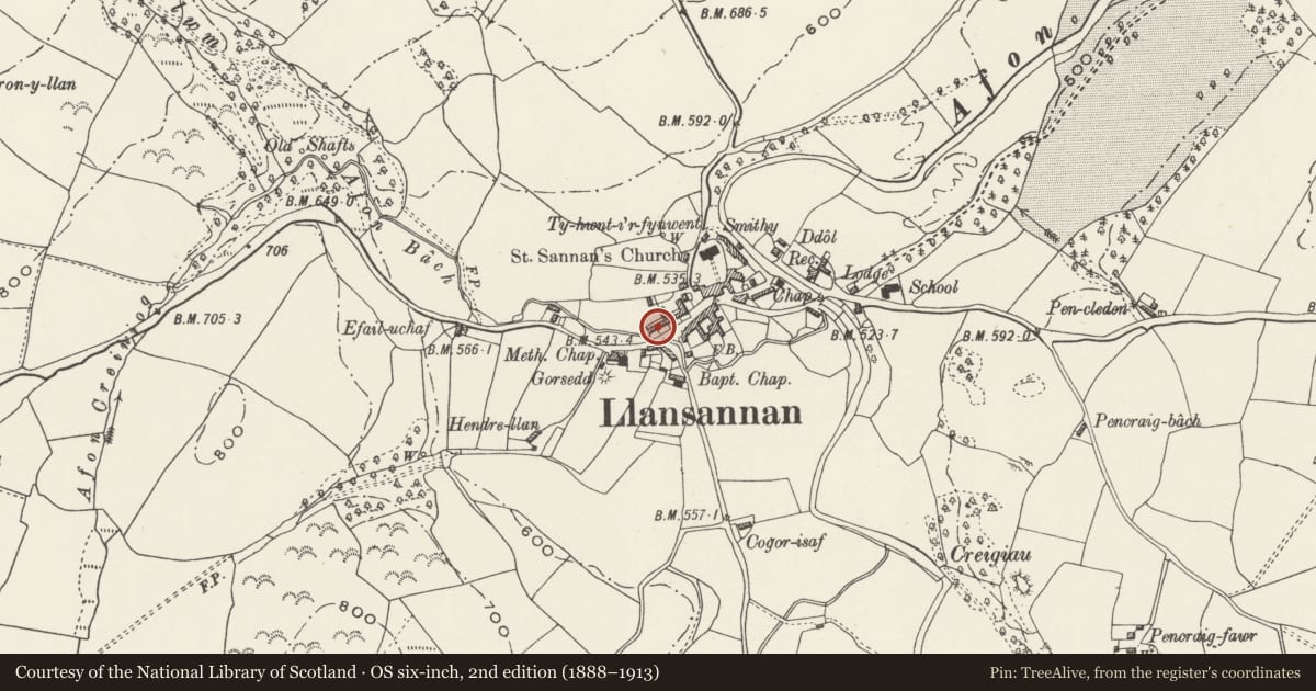 Ordnance Survey six-inch map, 2nd edition (1888–1913) covering the location of Min y Ffrwd, Llansannan, Conwy, with a pin at the register's coordinates