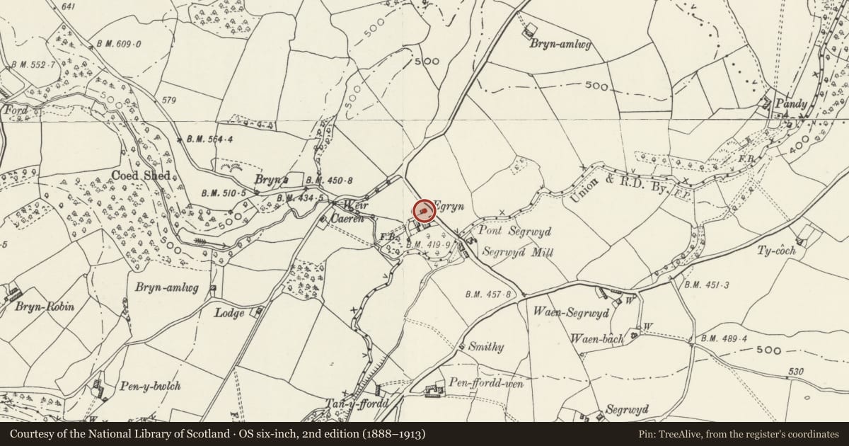 Ordnance Survey six-inch map, 2nd edition (1888–1913) covering the location of Granary at Egryn, Llansannan, Conwy, with a pin at the register's coordinates