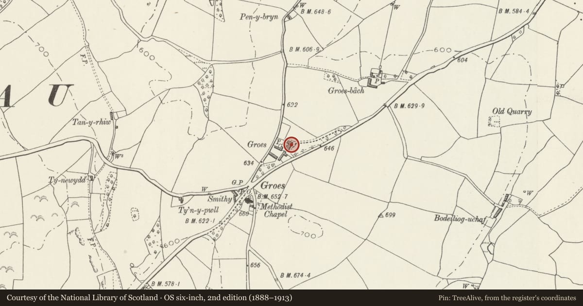 Ordnance Survey six-inch map, 2nd edition (1888–1913) covering the location of Groes Hall, Llansannan, Conwy, with a pin at the register's coordinates