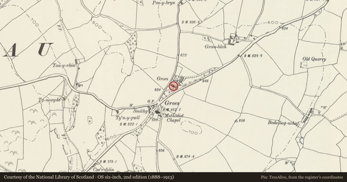 Ordnance Survey six-inch map, 2nd edition (1888–1913) covering the location of Cottages at Groes Hall, Llansannan, Conwy, with a pin at the register's coordinates