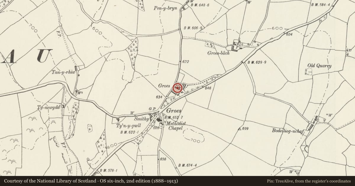 Ordnance Survey six-inch map, 2nd edition (1888–1913) covering the location of Granary/cartshed, brewhouse and former kennels at Groes Hall, Llansannan, Conwy, with a pin at the register's coordinates