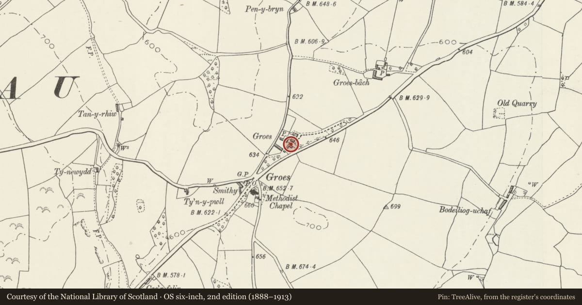 Ordnance Survey six-inch map, 2nd edition (1888–1913) covering the location of Old cottage and smithy at Groes Hall, Llansannan, Conwy, with a pin at the register's coordinates