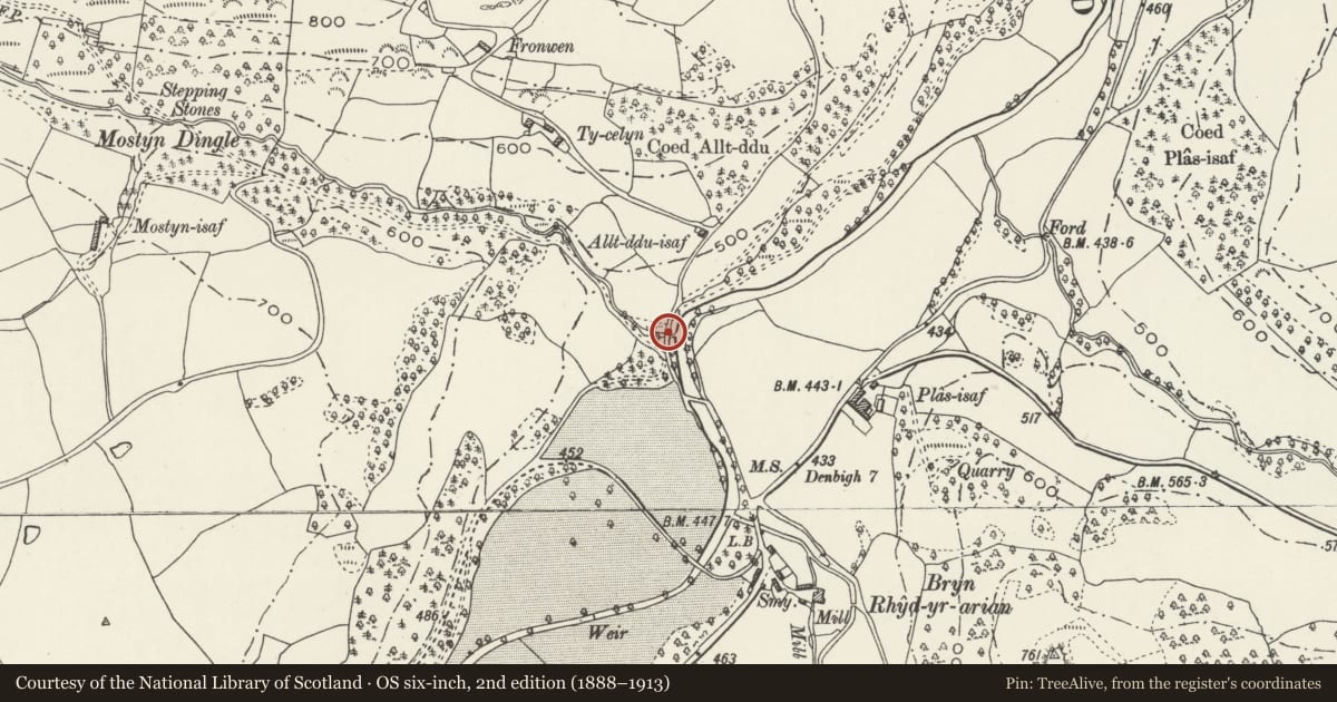 Ordnance Survey six-inch map, 2nd edition (1888–1913) covering the location of Pont Nant Mostyn, Llansannan, Conwy, with a pin at the register's coordinates