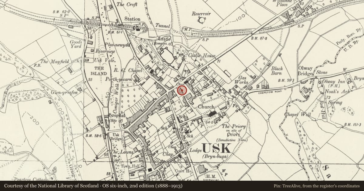 Ordnance Survey six-inch map, 2nd edition (1888–1913) covering the location of The Nag's Head PH, Usk, Monmouthshire, with a pin at the register's coordinates