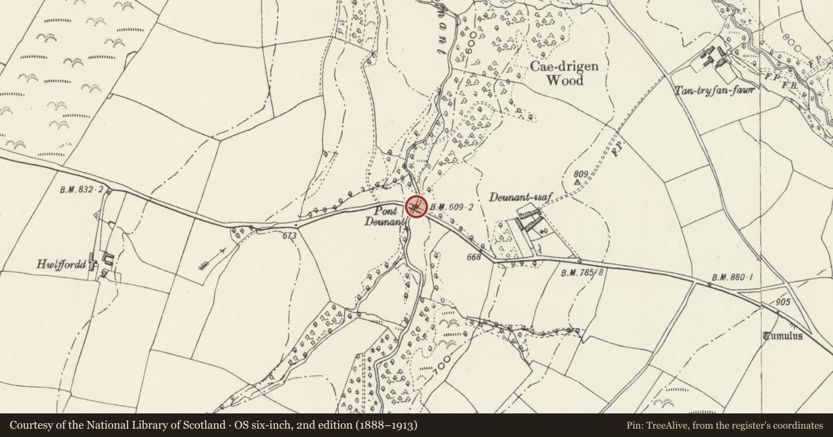 Ordnance Survey six-inch map, 2nd edition (1888–1913) covering the location of Pont Deunant, Llansannan, Conwy, with a pin at the register's coordinates
