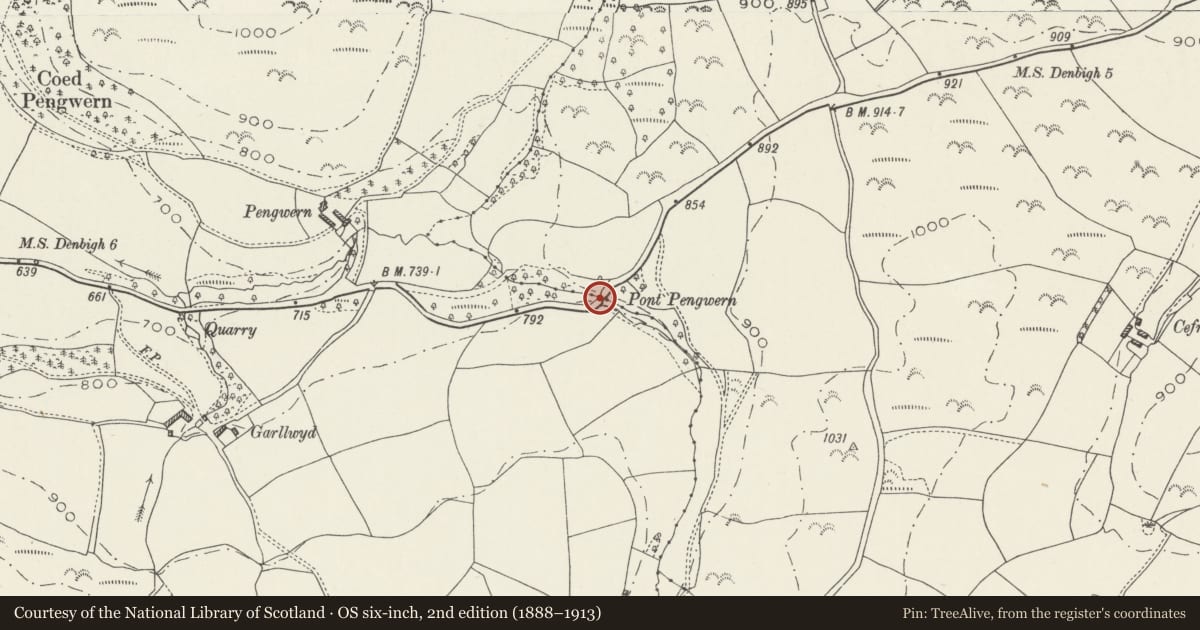 Ordnance Survey six-inch map, 2nd edition (1888–1913) covering the location of Pont Pengwern, Llansannan, Conwy, with a pin at the register's coordinates