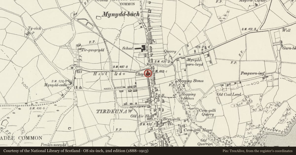 Ordnance Survey six-inch map, 2nd edition (1888–1913) covering the location of Caersalem Newydd Baptist Chapel, Mynyddbach, Swansea, with a pin at the register's coordinates