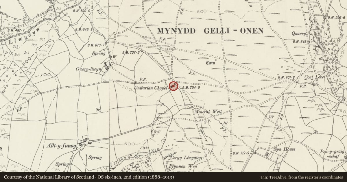 Ordnance Survey six-inch map, 2nd edition (1888–1913) covering the location of Capel Gellionnen (Gellionnen and Graig Unitarian Church), Mawr, Swansea, with a pin at the register's coordinates