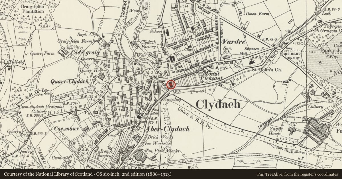 Ordnance Survey six-inch map, 2nd edition (1888–1913) covering the location of Capel Calfaria, Clydach, Swansea, with a pin at the register's coordinates