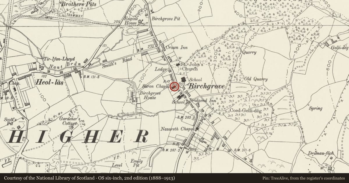 Ordnance Survey six-inch map, 2nd edition (1888–1913) covering the location of Capel Saron, Birchgrove, Swansea, with a pin at the register's coordinates