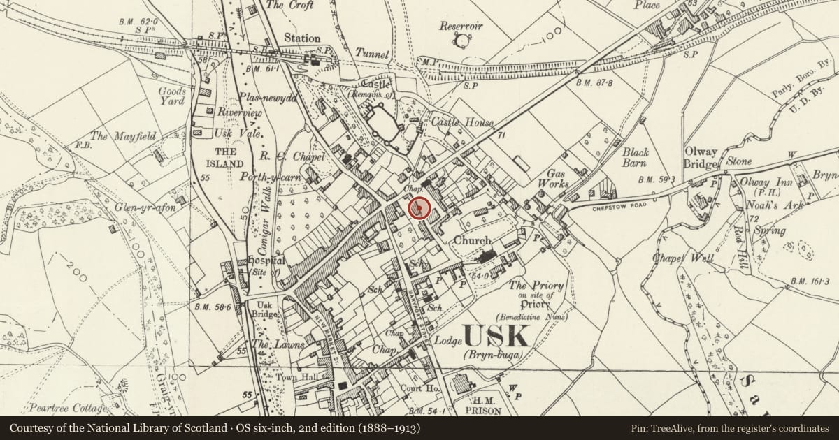 Ordnance Survey six-inch map, 2nd edition (1888–1913) covering the location of Tail End, Usk, Monmouthshire, with a pin at the register's coordinates