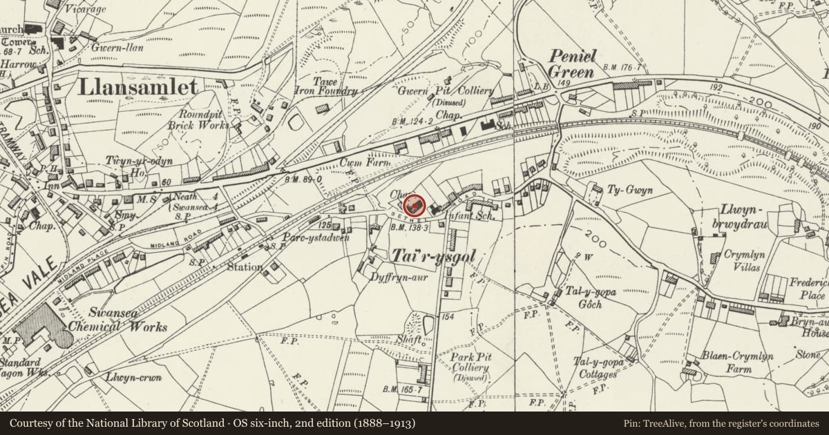 Ordnance Survey six-inch map, 2nd edition (1888–1913) covering the location of Capel Bethel including forecourt walls, gates and railings, Llansamlet, Swansea, with a pin at the register's coordinates