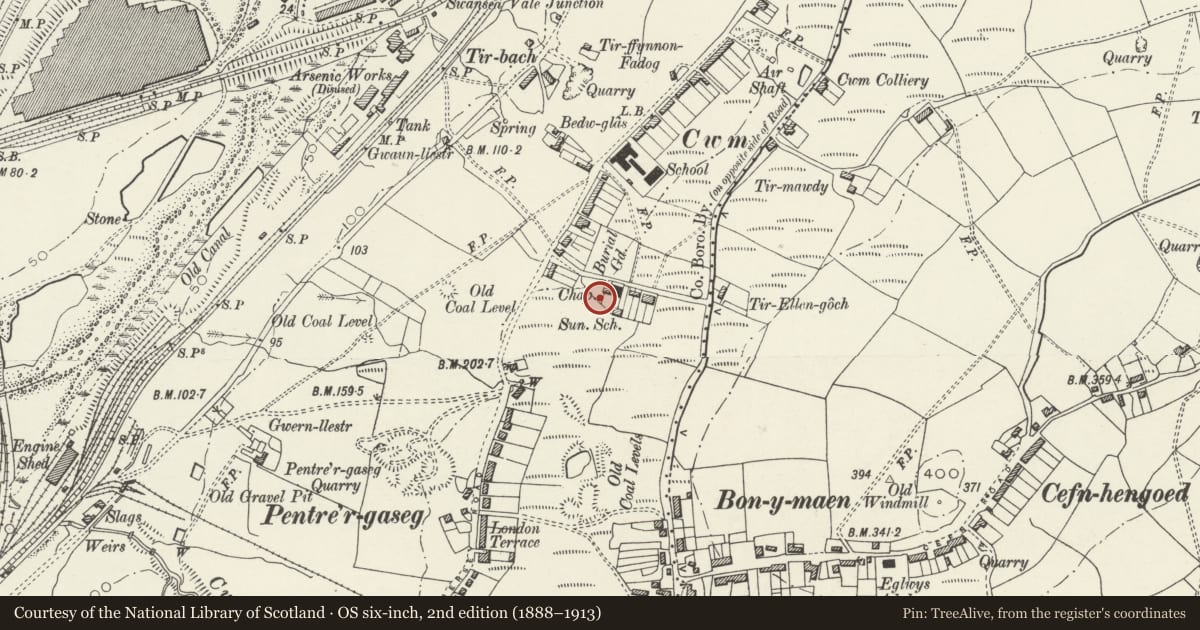 Ordnance Survey six-inch map, 2nd edition (1888–1913) covering the location of Capel Salem (Capel y Cwm), Bonymaen, Swansea, with a pin at the register's coordinates