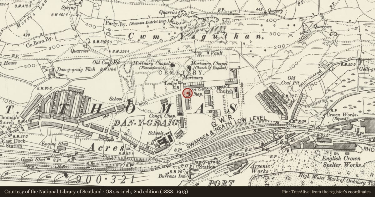 Ordnance Survey six-inch map, 2nd edition (1888–1913) covering the location of Former Mount Calvary Baptist Chapel, St. Thomas, Swansea, with a pin at the register's coordinates