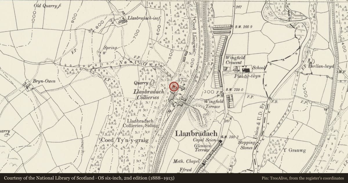 Ordnance Survey six-inch map, 2nd edition (1888–1913) covering the location of Former Llanbradach Colliery engine hall, Llanbradach and Pwllypant, Caerphilly, with a pin at the register's coordinates
