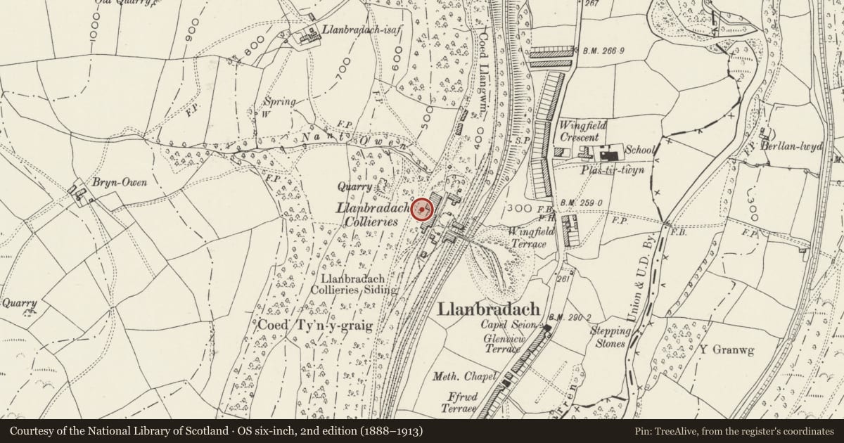 Ordnance Survey six-inch map, 2nd edition (1888–1913) covering the location of Former Llanbradach Colliery brick reservoir, Llanbradach and Pwllypant, Caerphilly, with a pin at the register's coordinates