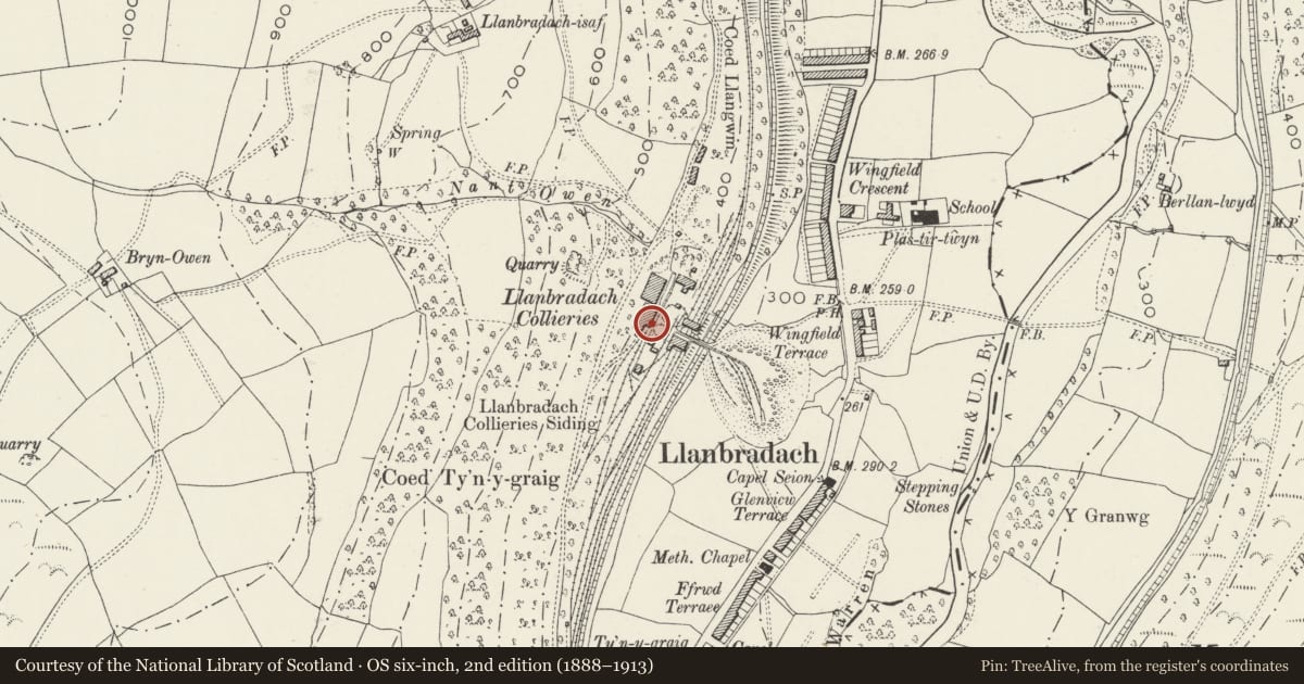 Ordnance Survey six-inch map, 2nd edition (1888–1913) covering the location of Former Llanbradach Colliery upper revetment wall, Llanbradach and Pwllypant, Caerphilly, with a pin at the register's coordinates