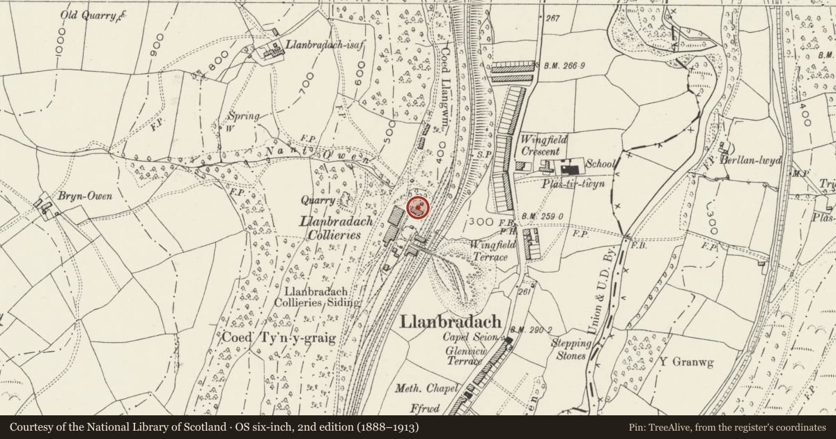Ordnance Survey six-inch map, 2nd edition (1888–1913) covering the location of Former Llanbradach Colliery engineering shops, Llanbradach and Pwllypant, Caerphilly, with a pin at the register's coordinates