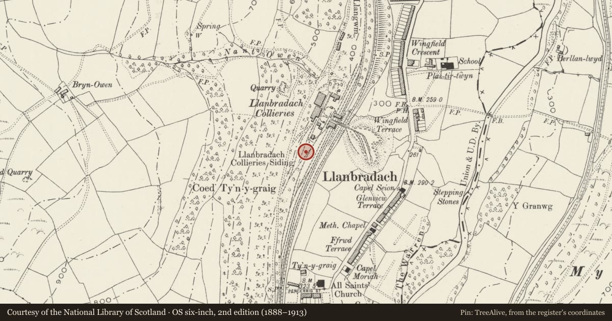 Ordnance Survey six-inch map, 2nd edition (1888–1913) covering the location of Former Llanbradach Colliery middle revetment wall, Llanbradach and Pwllypant, Caerphilly, with a pin at the register's coordinates